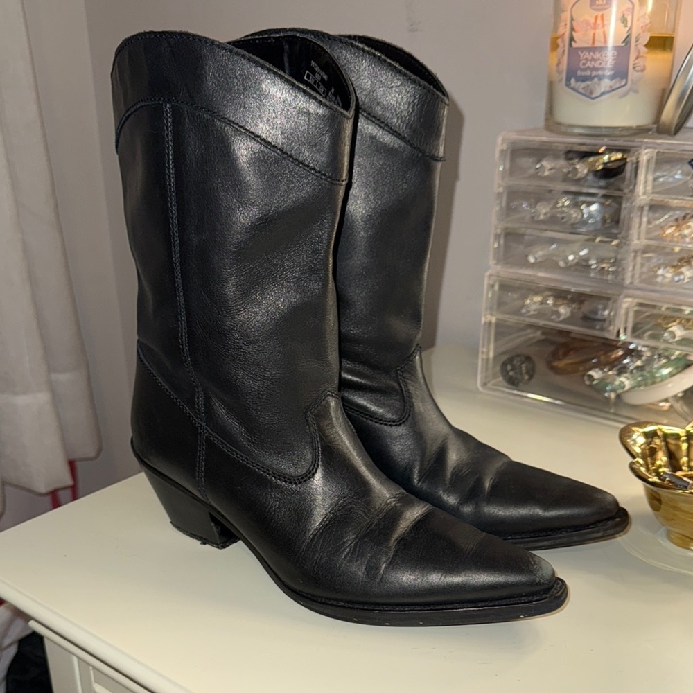 Zara Black Leather Cowboy Boots